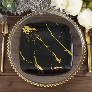 10 Pack 8" Black Gold Marble Square Plastic Salad Plates, Disposable Appetizer Dessert Party Plates