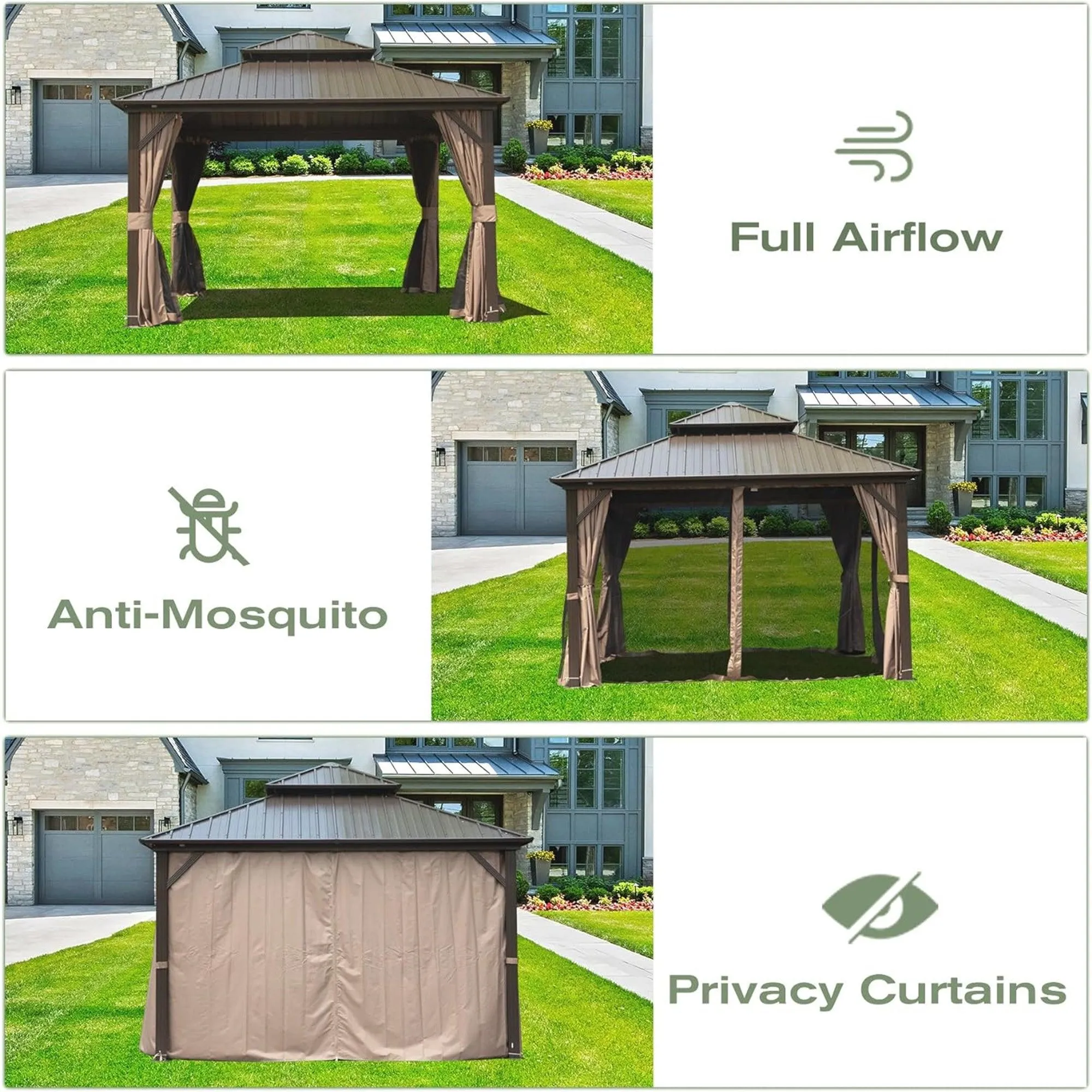 12' X 14' Hardtop Gazebo, Aluminum Metal Gazebo with Galvanized Steel Double Roof Canopy, Brown