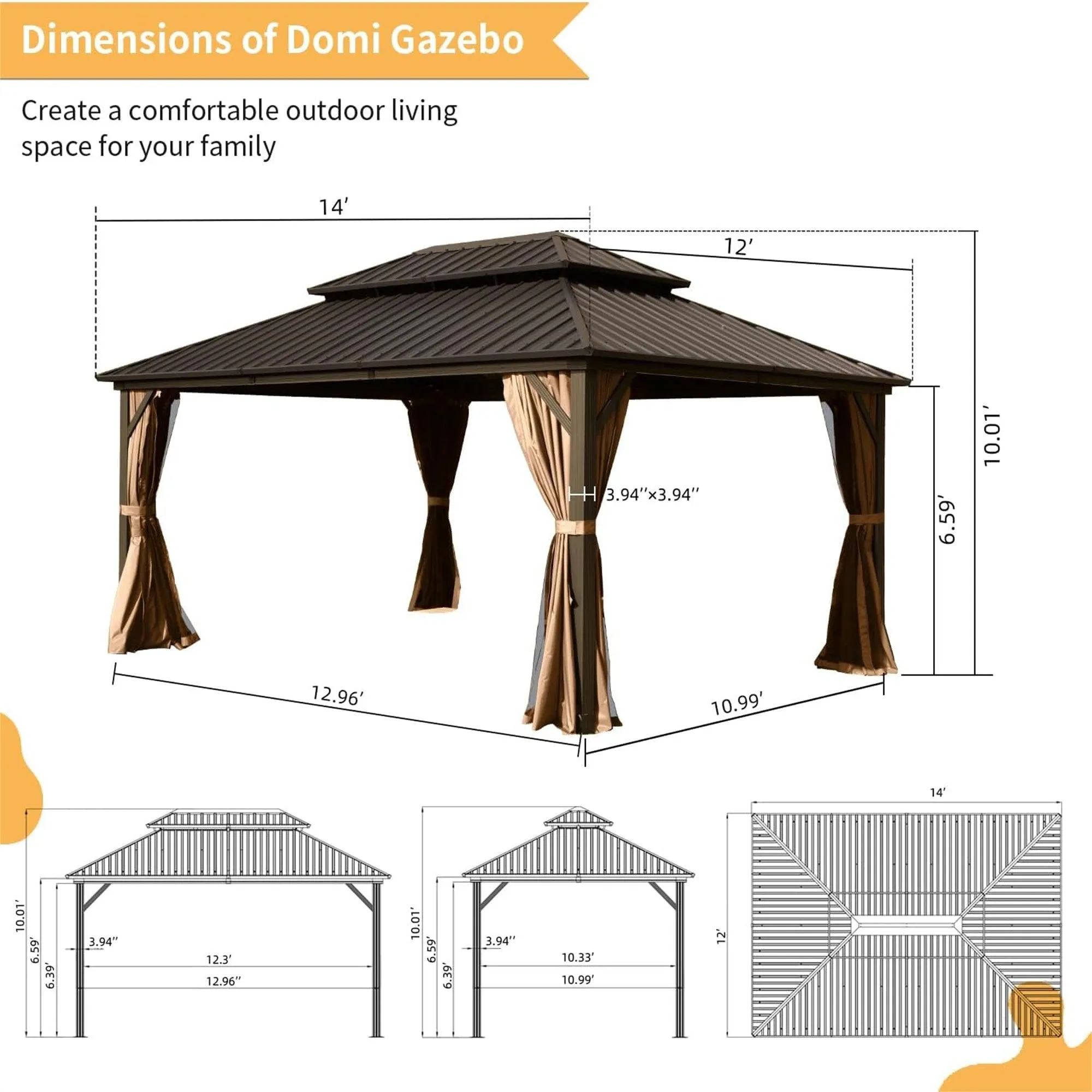 12' X 14' Hardtop Gazebo, Aluminum Metal Gazebo with Galvanized Steel Double Roof Canopy, Brown