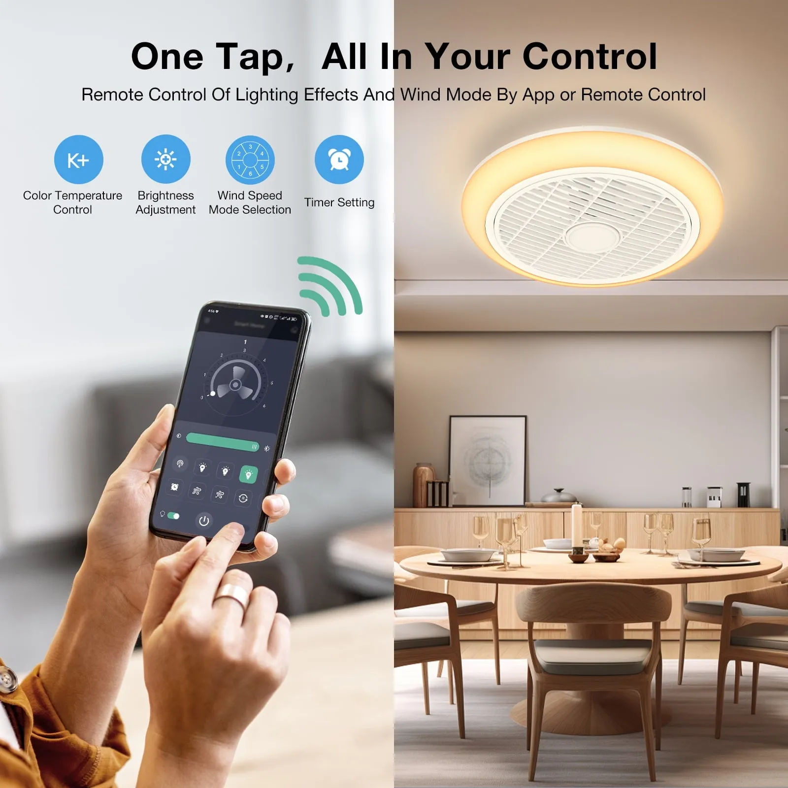 16in Indoor Ceiling Fan with Light, Remote & APP Control, 3 Colors Lighting and 6 Wind Speeds, Invisible Bladeless Ceiling Fan, Timing Setting