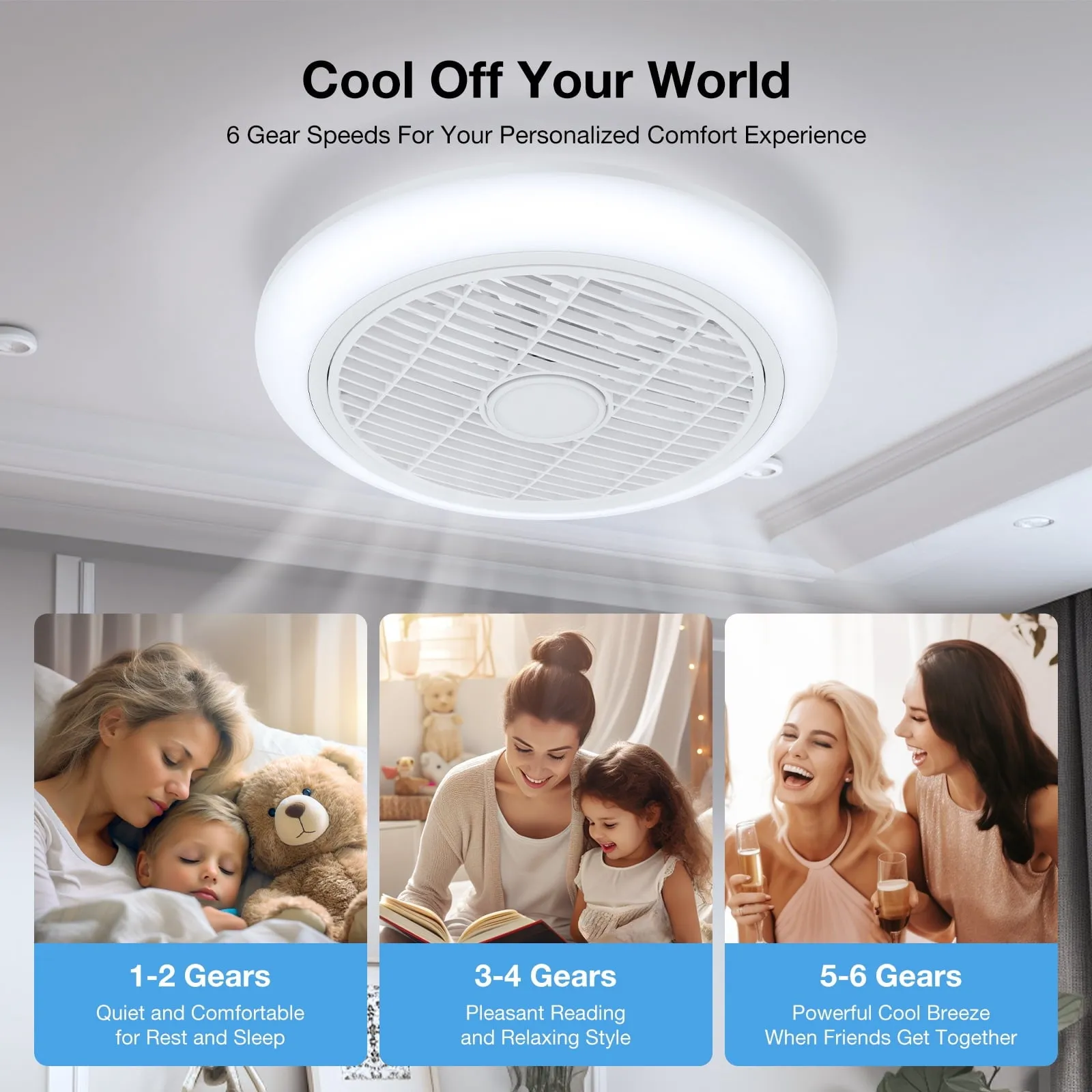 16in Indoor Ceiling Fan with Light, Remote & APP Control, 3 Colors Lighting and 6 Wind Speeds, Invisible Bladeless Ceiling Fan, Timing Setting