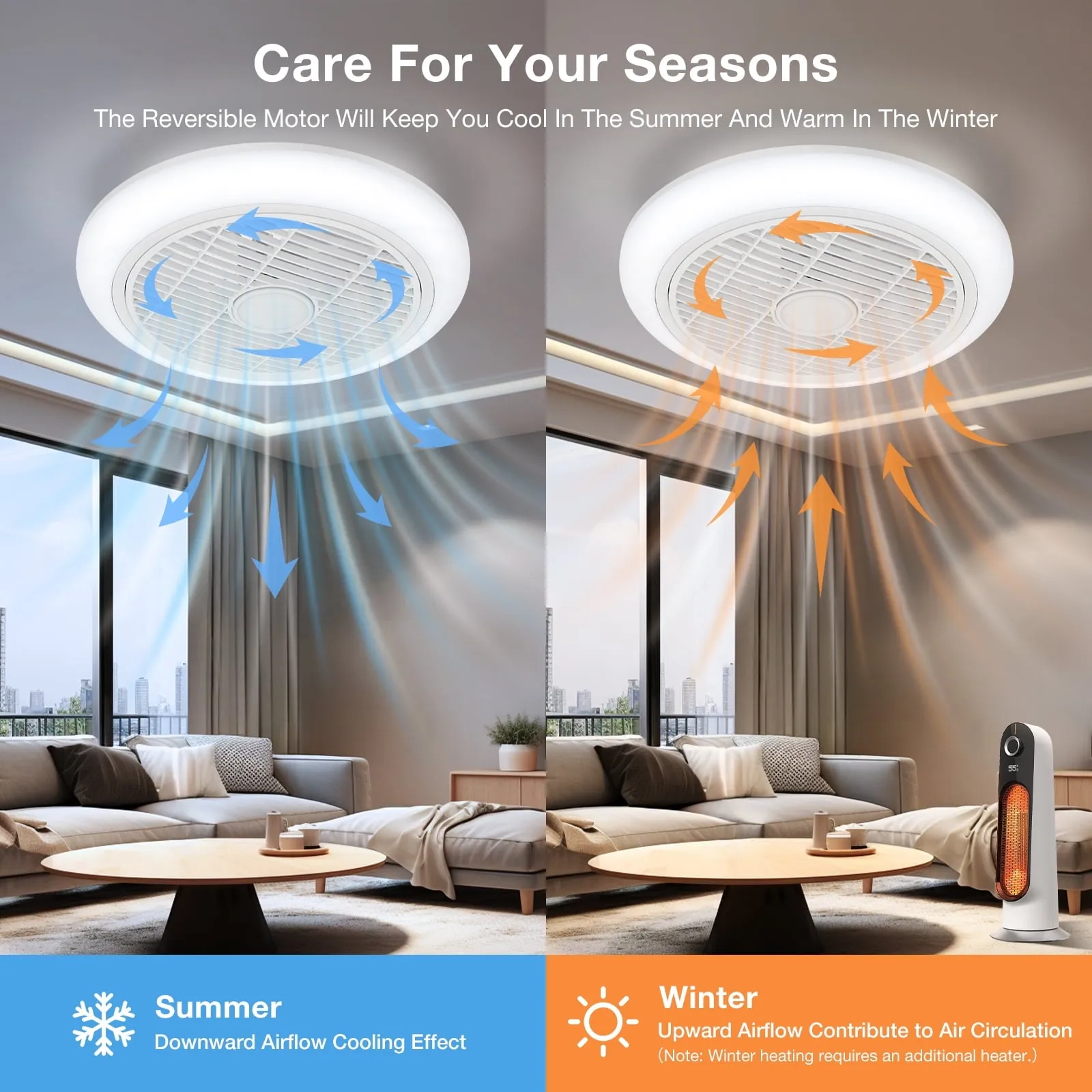 16in Indoor Ceiling Fan with Light, Remote & APP Control, 3 Colors Lighting and 6 Wind Speeds, Invisible Bladeless Ceiling Fan, Timing Setting