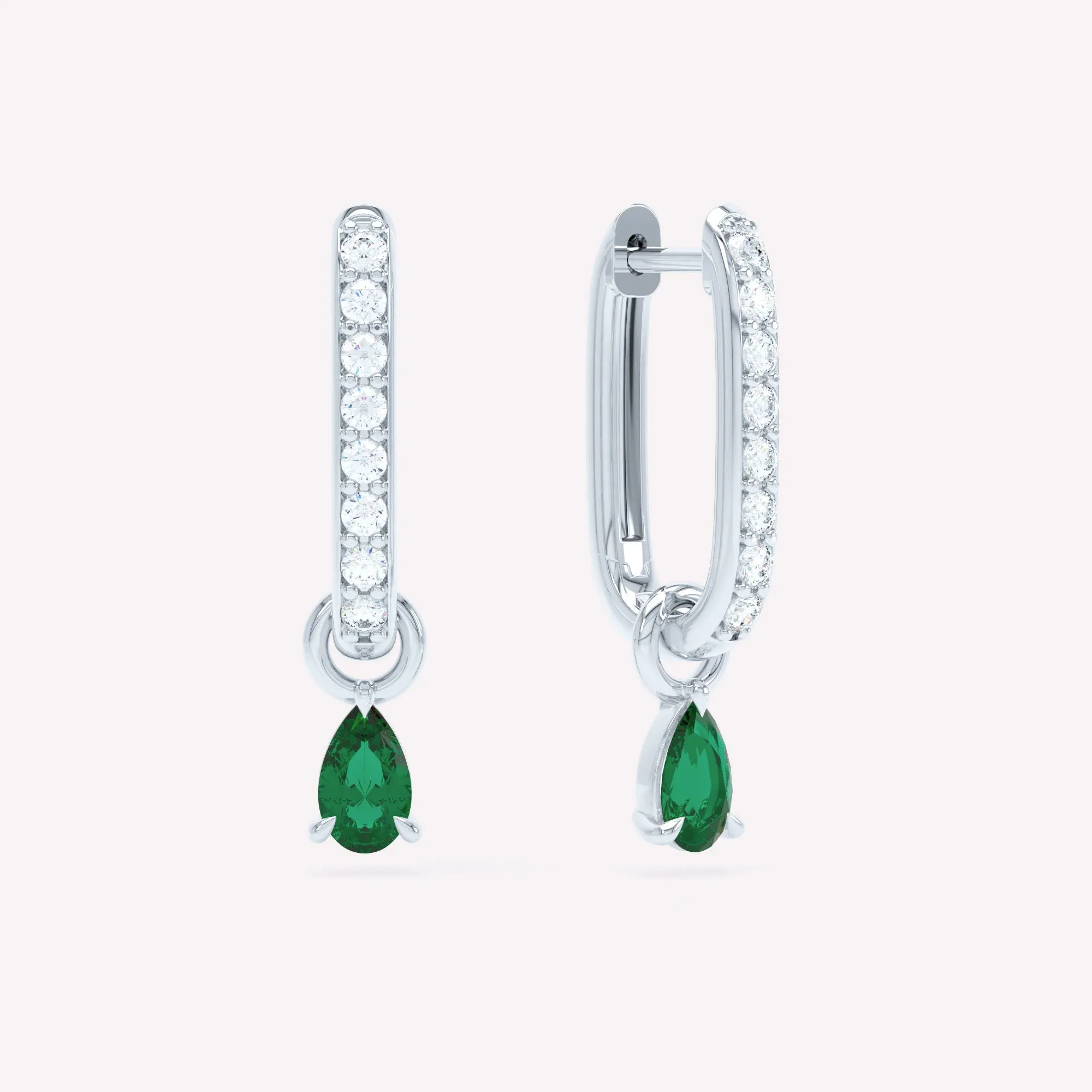 Allday 14K Whitegold Hoops w. Diamond & Emerald Drops