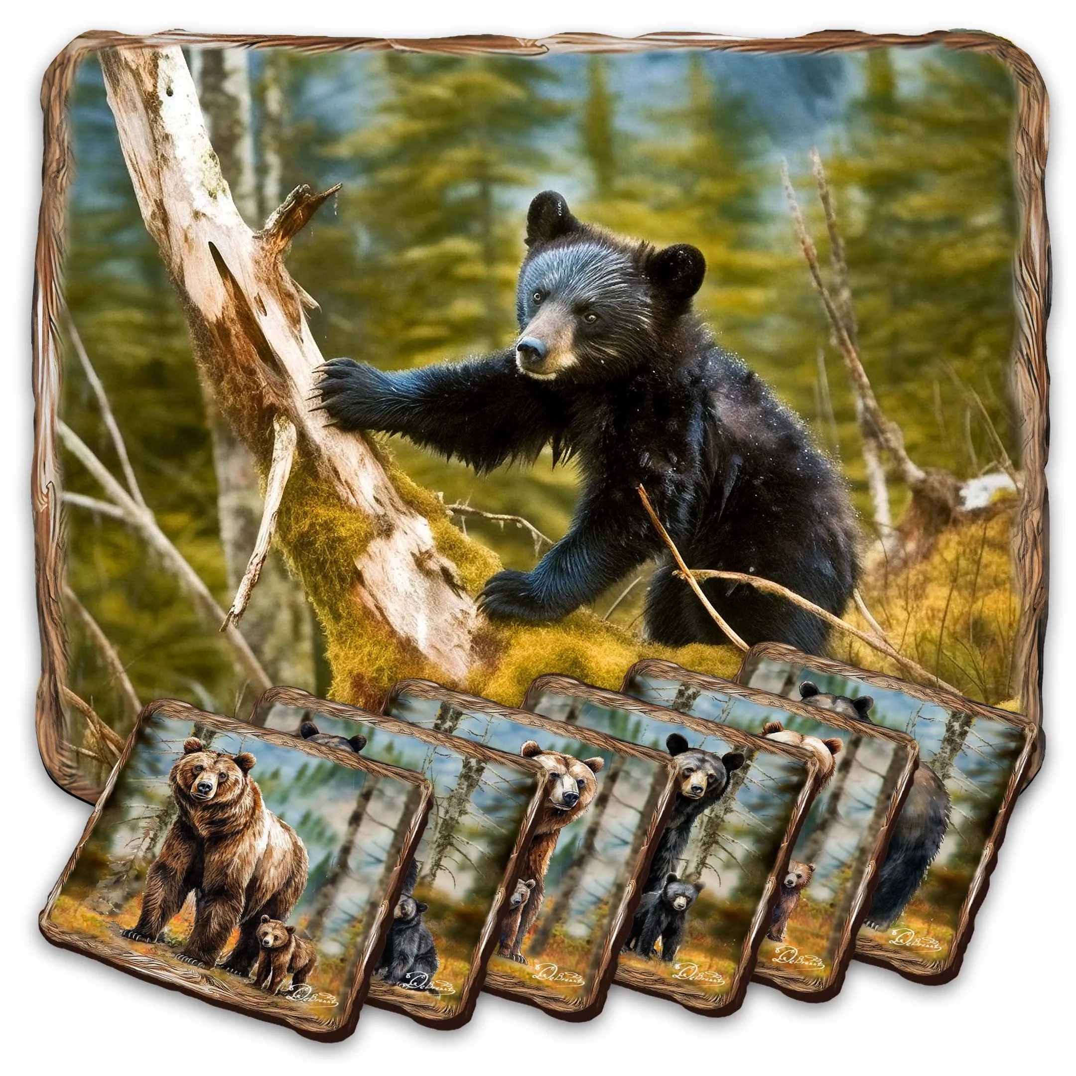 Bear Haven Wooden Cork Placemat and Coasters Gift Set of 7 by Nature Wonders | Nature Wildlife Décor  - 85409C-S7