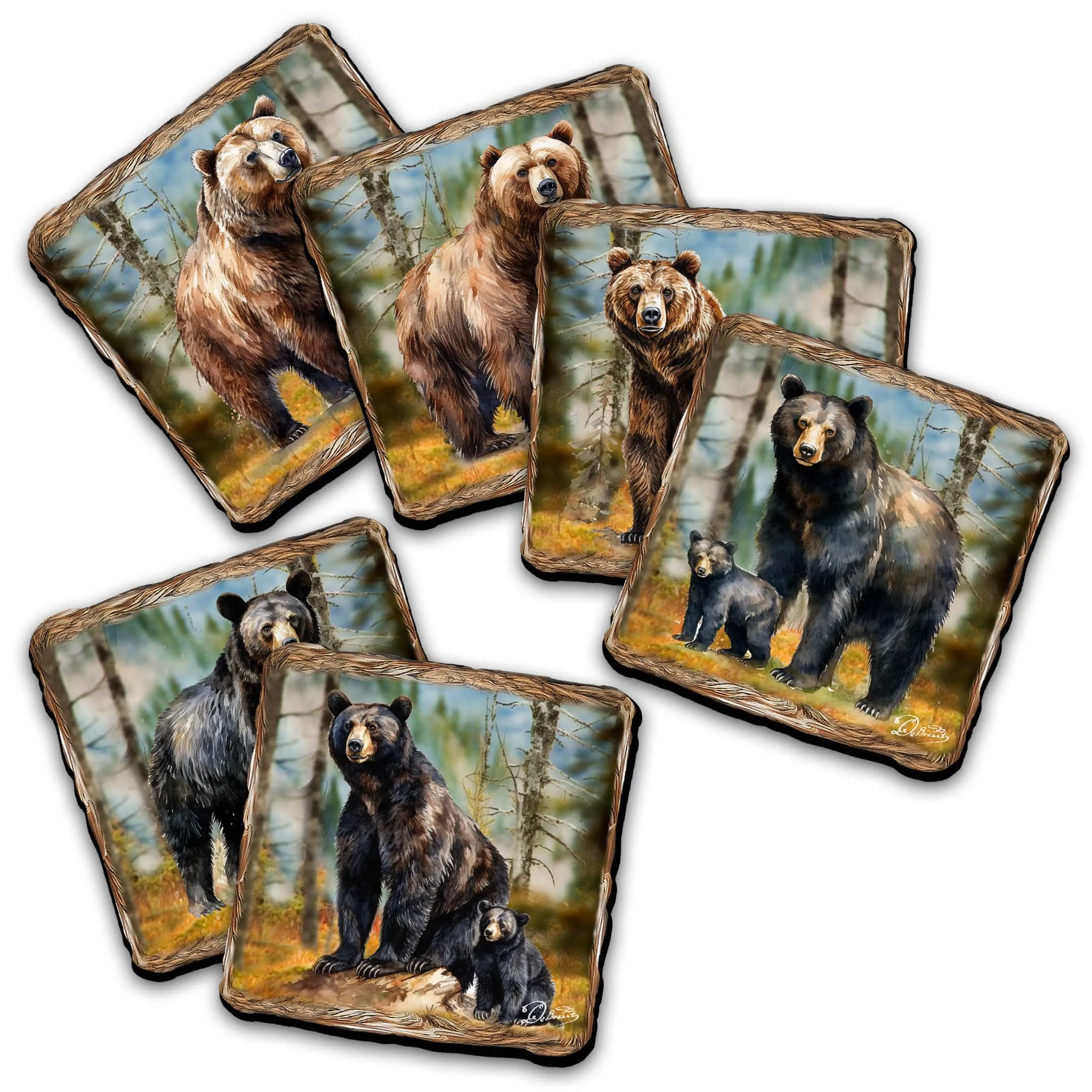 Bear Haven Wooden Cork Placemat and Coasters Gift Set of 7 by Nature Wonders | Nature Wildlife Décor  - 85409C-S7