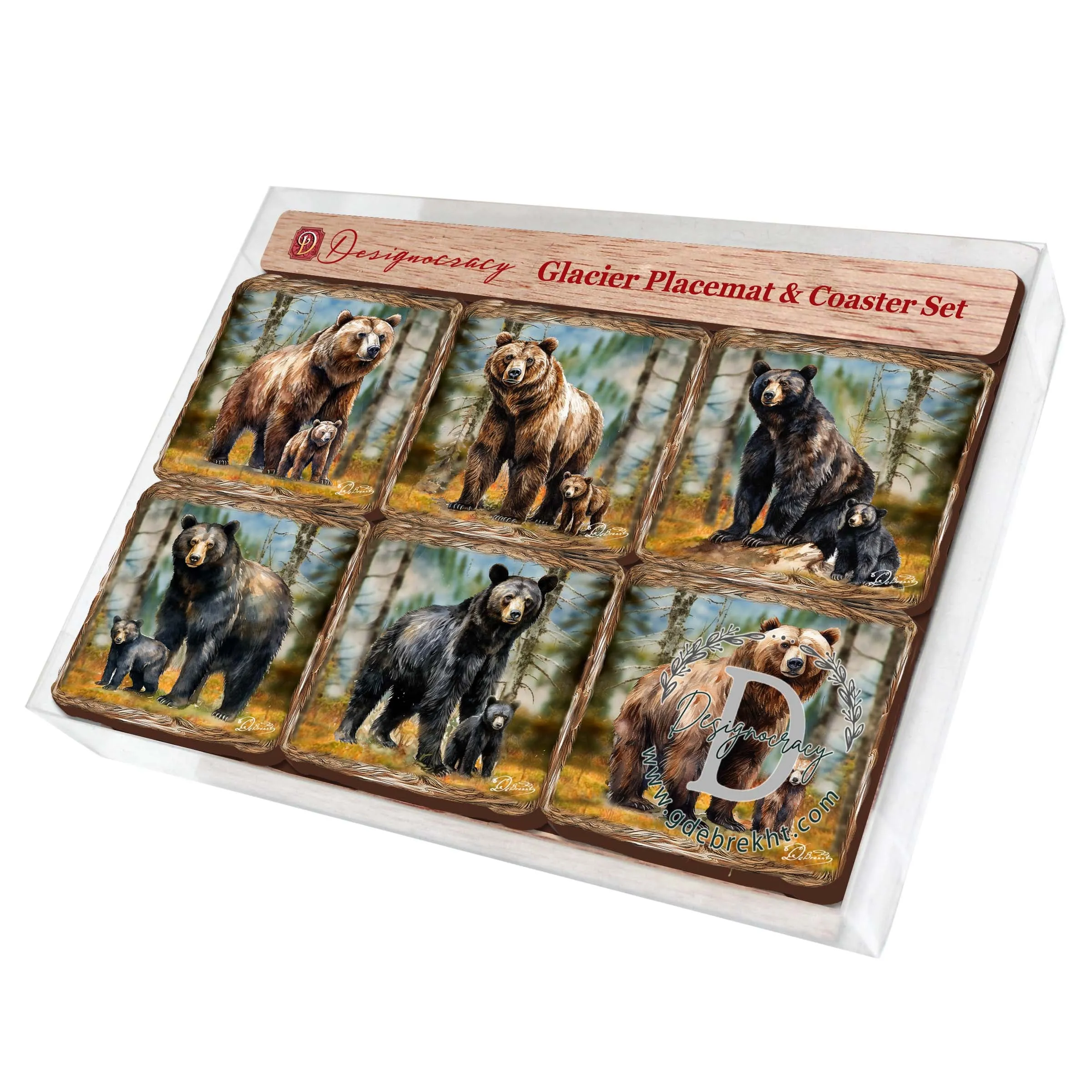 Bear Haven Wooden Cork Placemat and Coasters Gift Set of 7 by Nature Wonders | Nature Wildlife Décor  - 85409C-S7