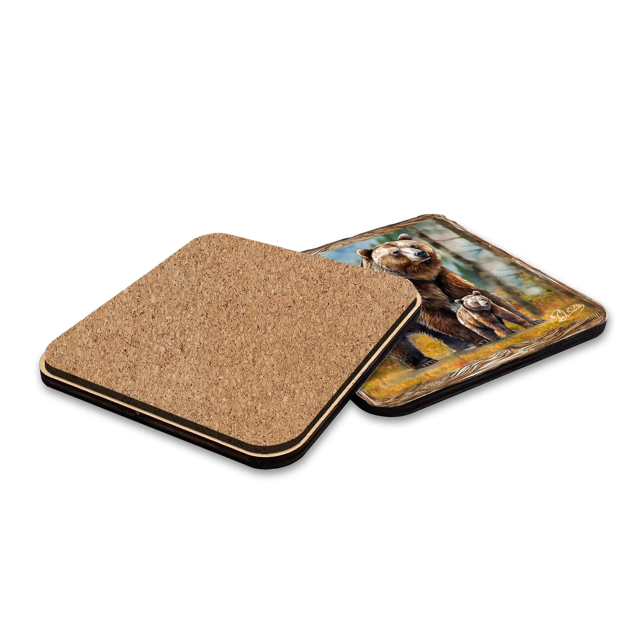 Bear Haven Wooden Cork Placemat and Coasters Gift Set of 7 by Nature Wonders | Nature Wildlife Décor  - 85409C-S7