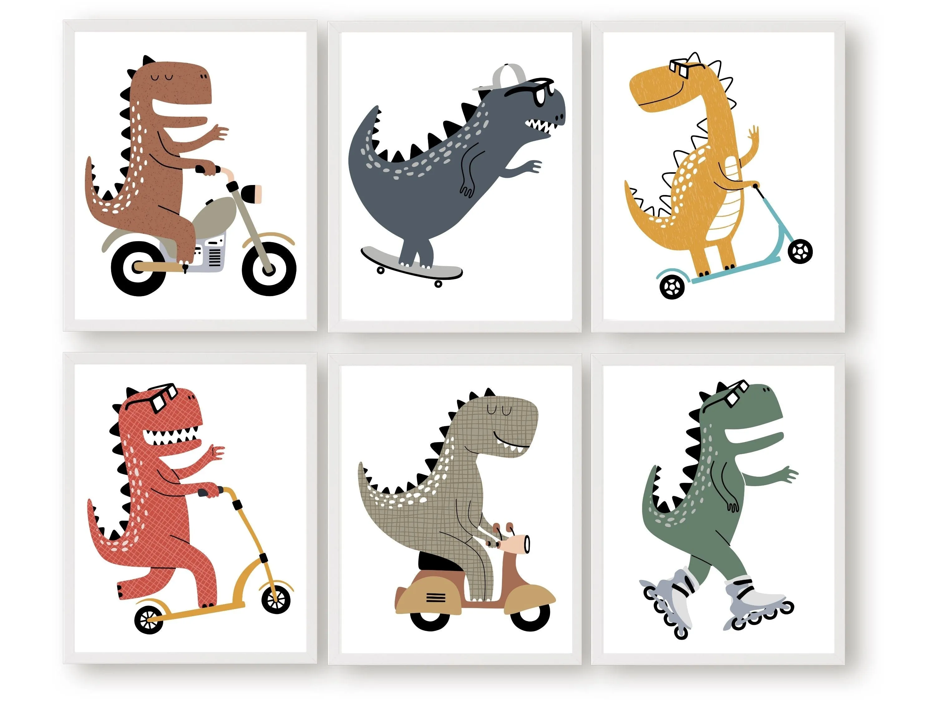 Dinosaurs Riding Bikes Set of 6 Prints