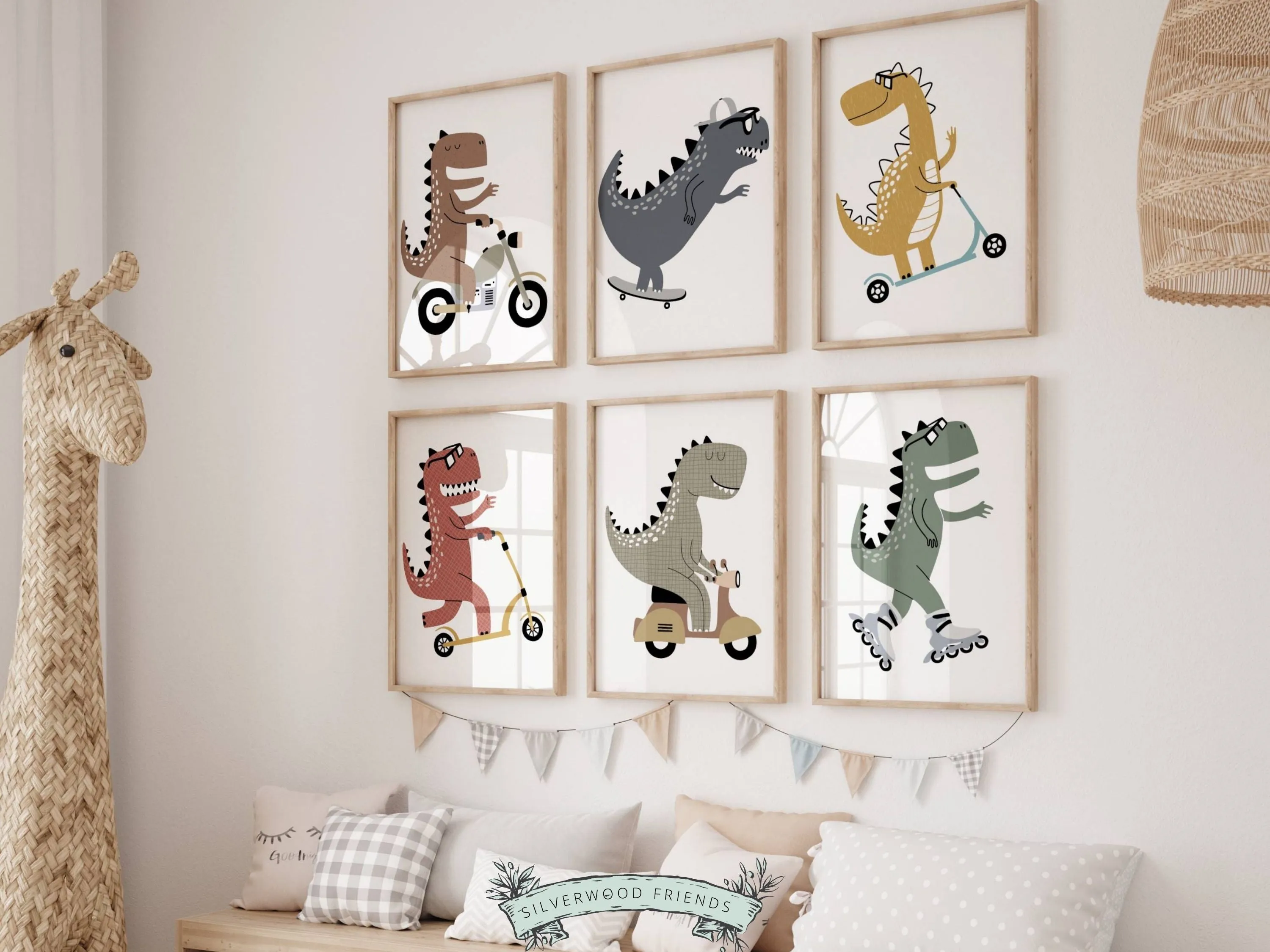 Dinosaurs Riding Bikes Set of 6 Prints