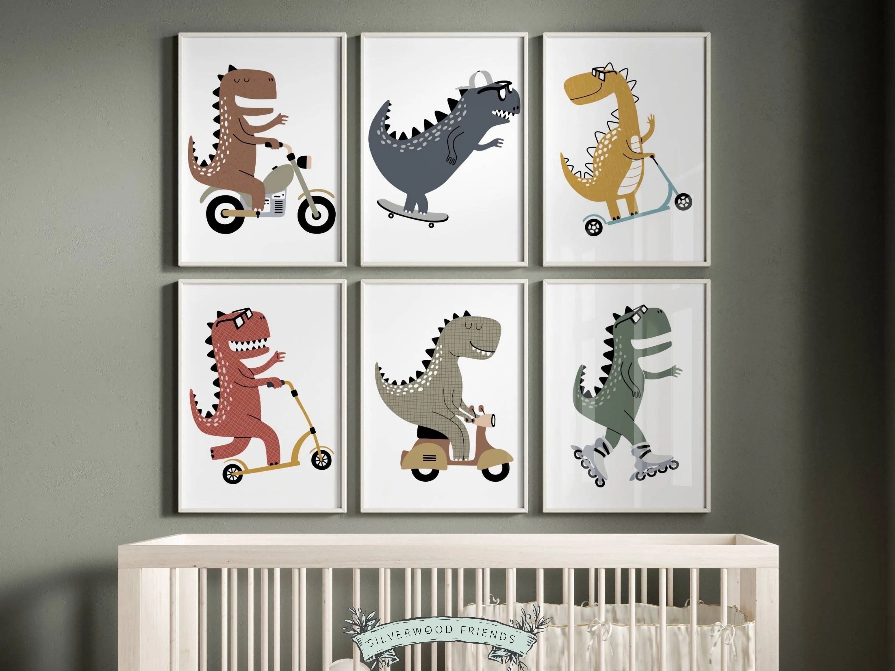 Dinosaurs Riding Bikes Set of 6 Prints