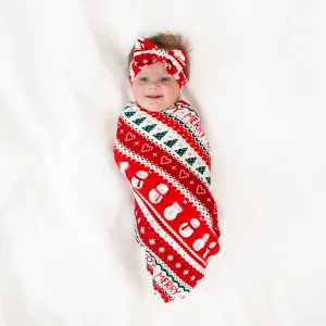 Festive Fair Isle Swaddle & Luxe Bow Headband Set