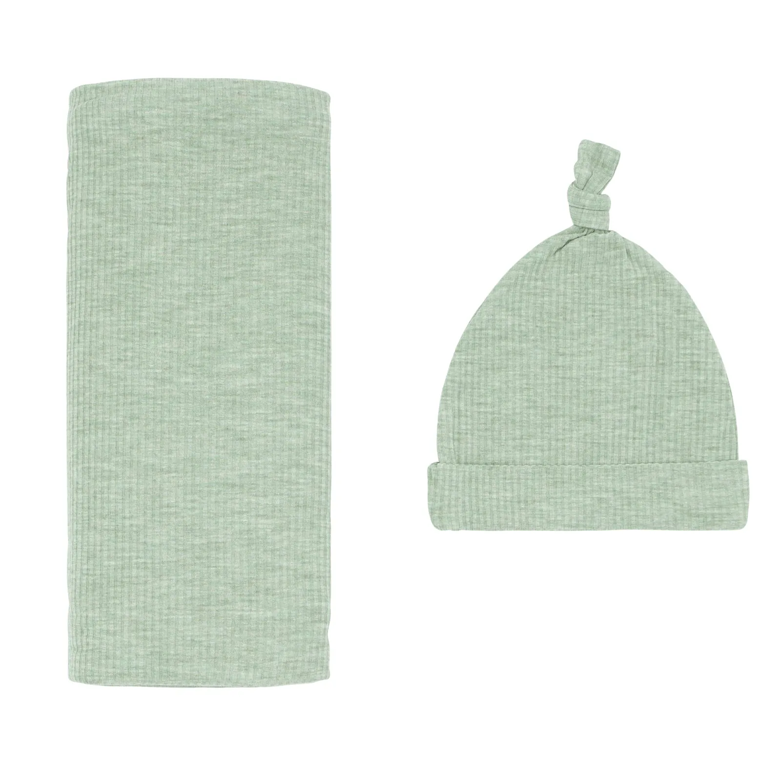 Heather Sage Ribbed Swaddle & Hat Set