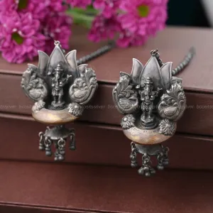 Oxidized Lotus Flower Ganesh Earring - 1687