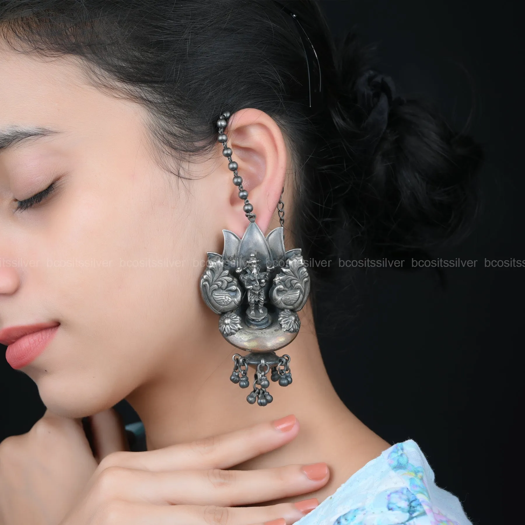 Oxidized Lotus Flower Ganesh Earring - 1687