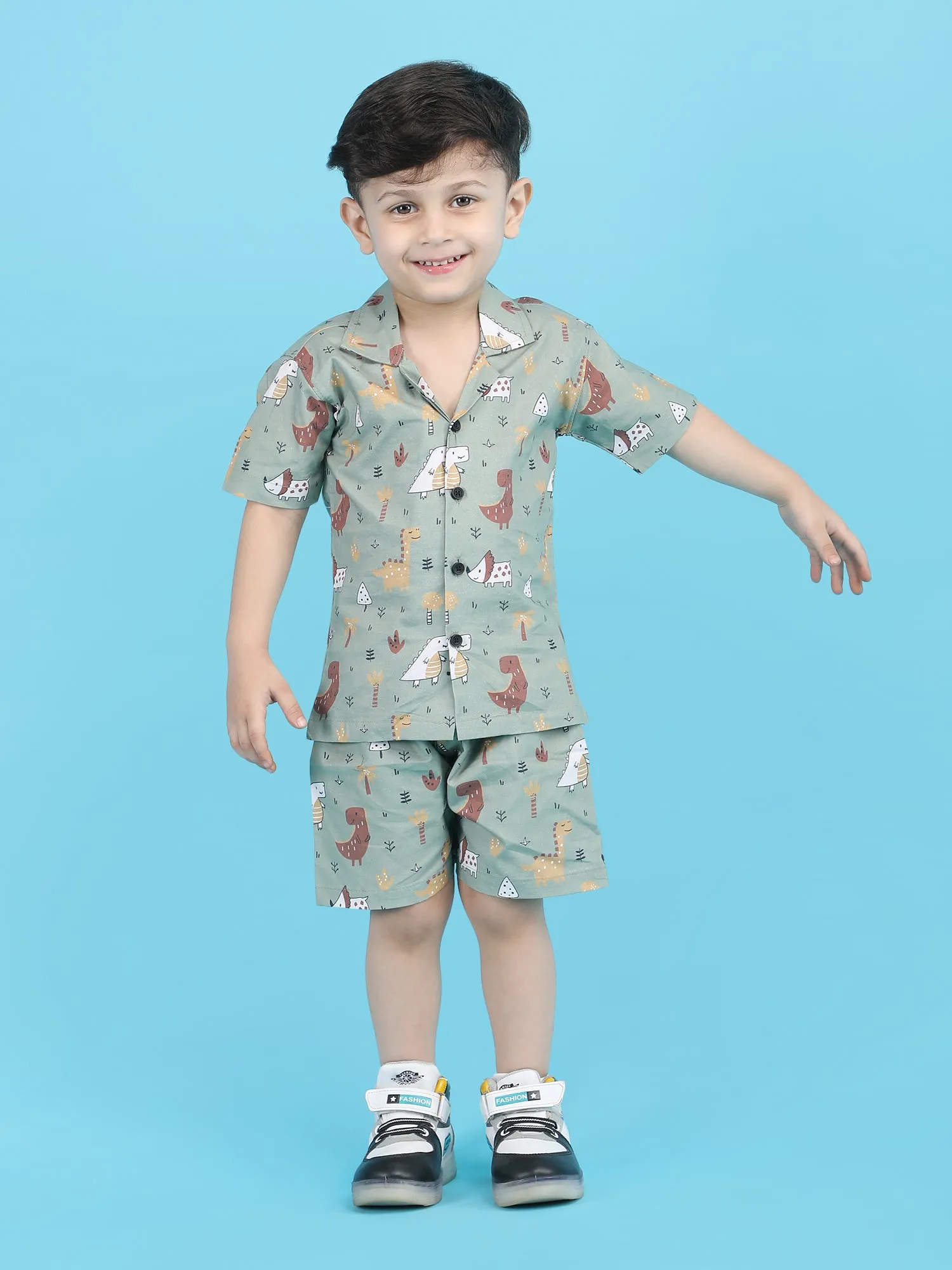 Polka Tots Half Sleeves Dinosaur print Shirt Shorts - Green