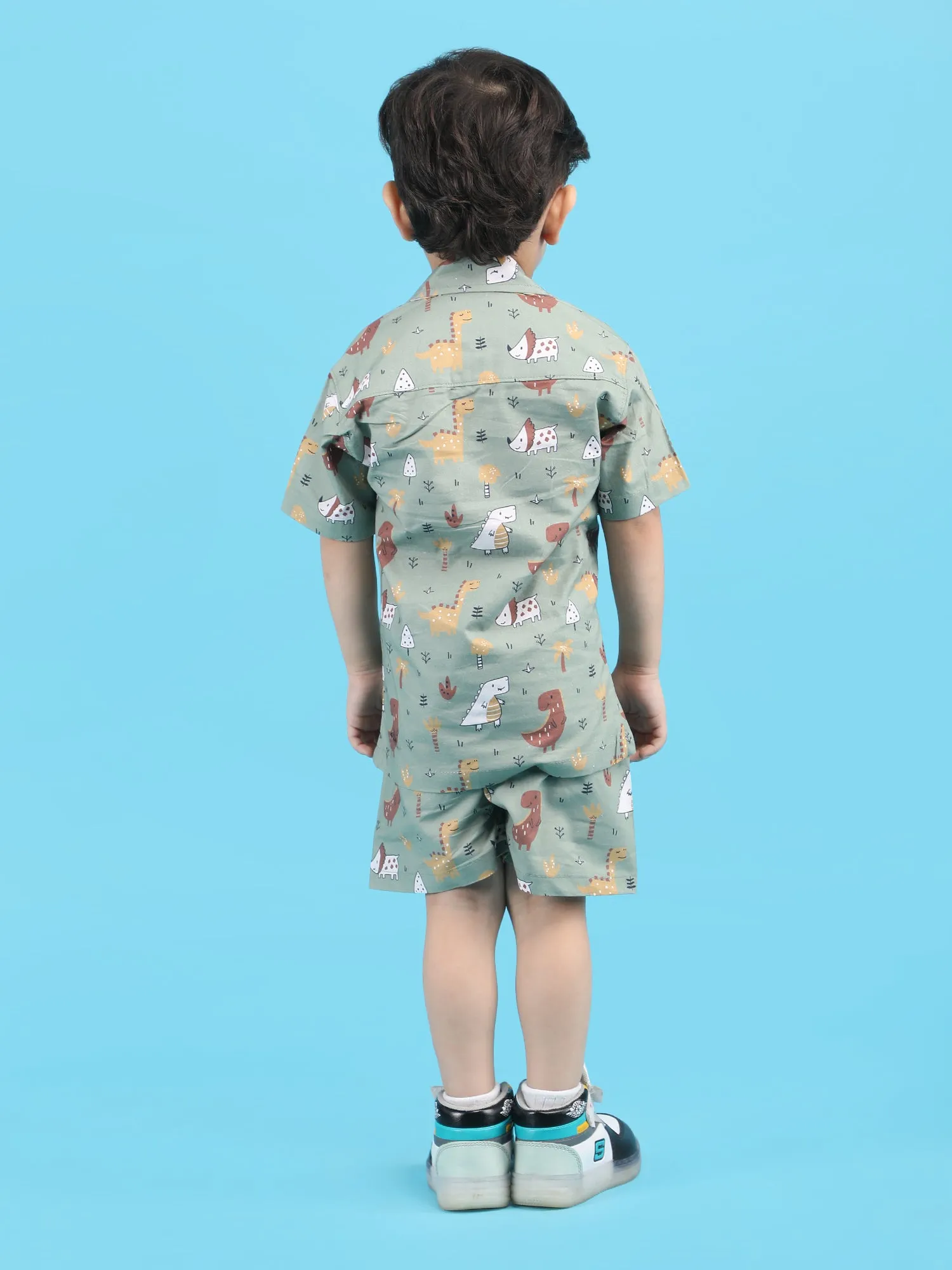 Polka Tots Half Sleeves Dinosaur print Shirt Shorts - Green