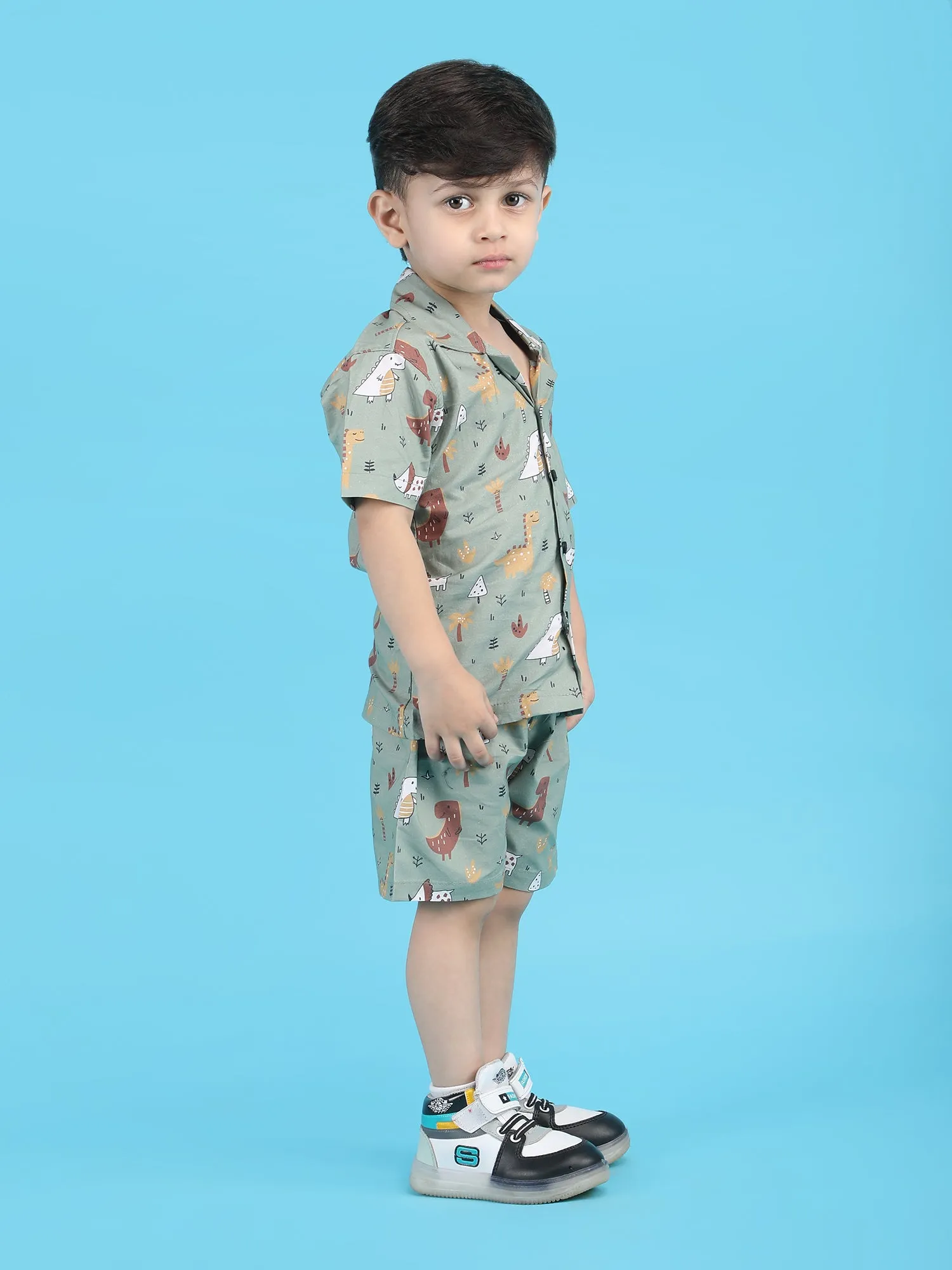 Polka Tots Half Sleeves Dinosaur print Shirt Shorts - Green