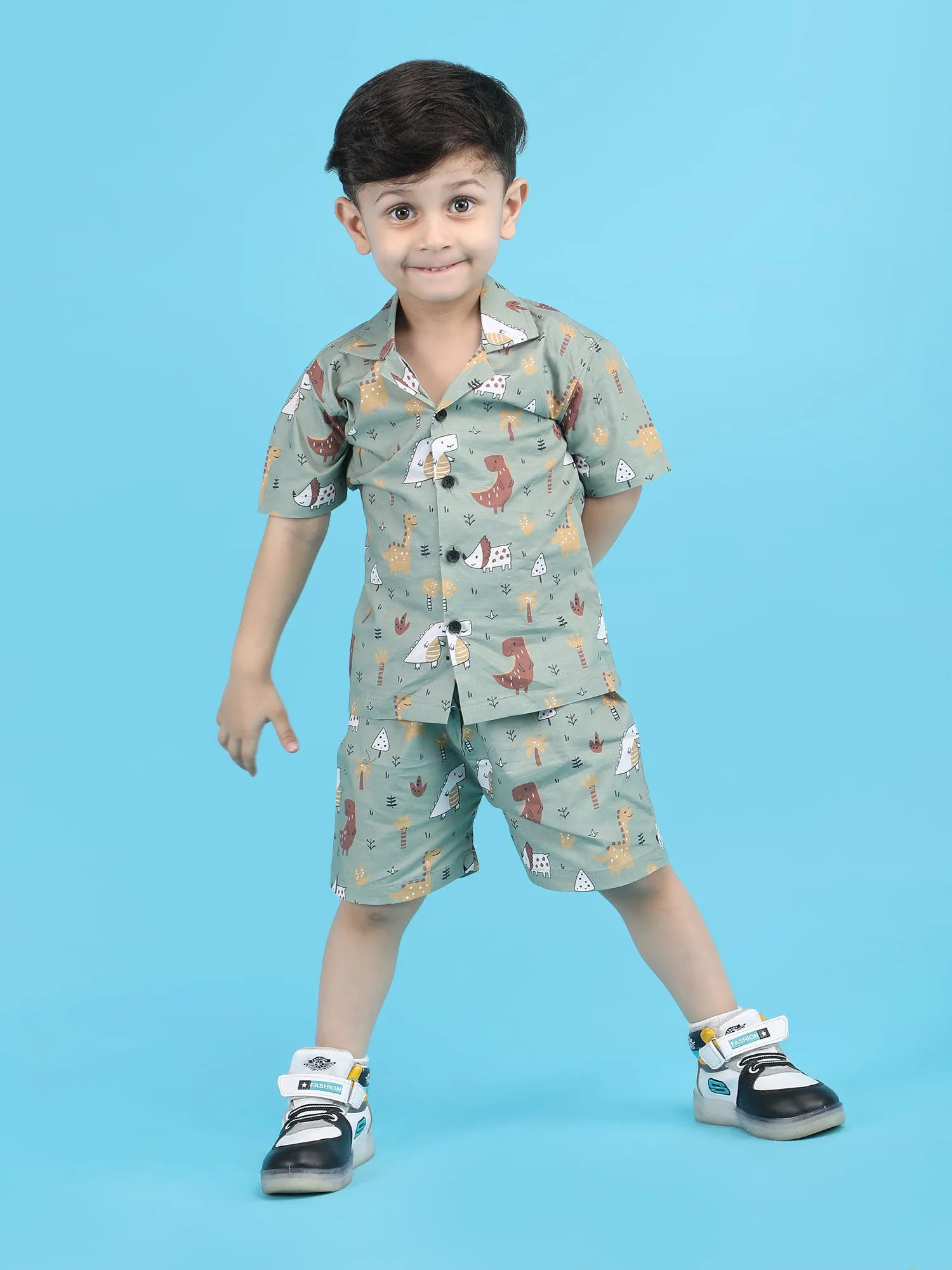 Polka Tots Half Sleeves Dinosaur print Shirt Shorts - Green