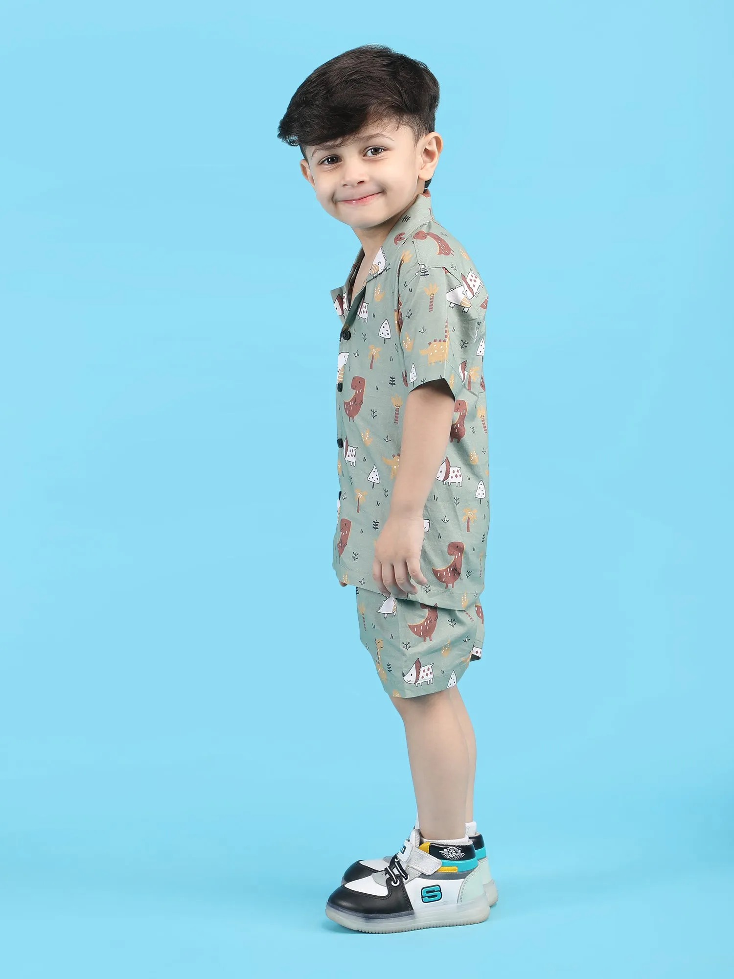 Polka Tots Half Sleeves Dinosaur print Shirt Shorts - Green