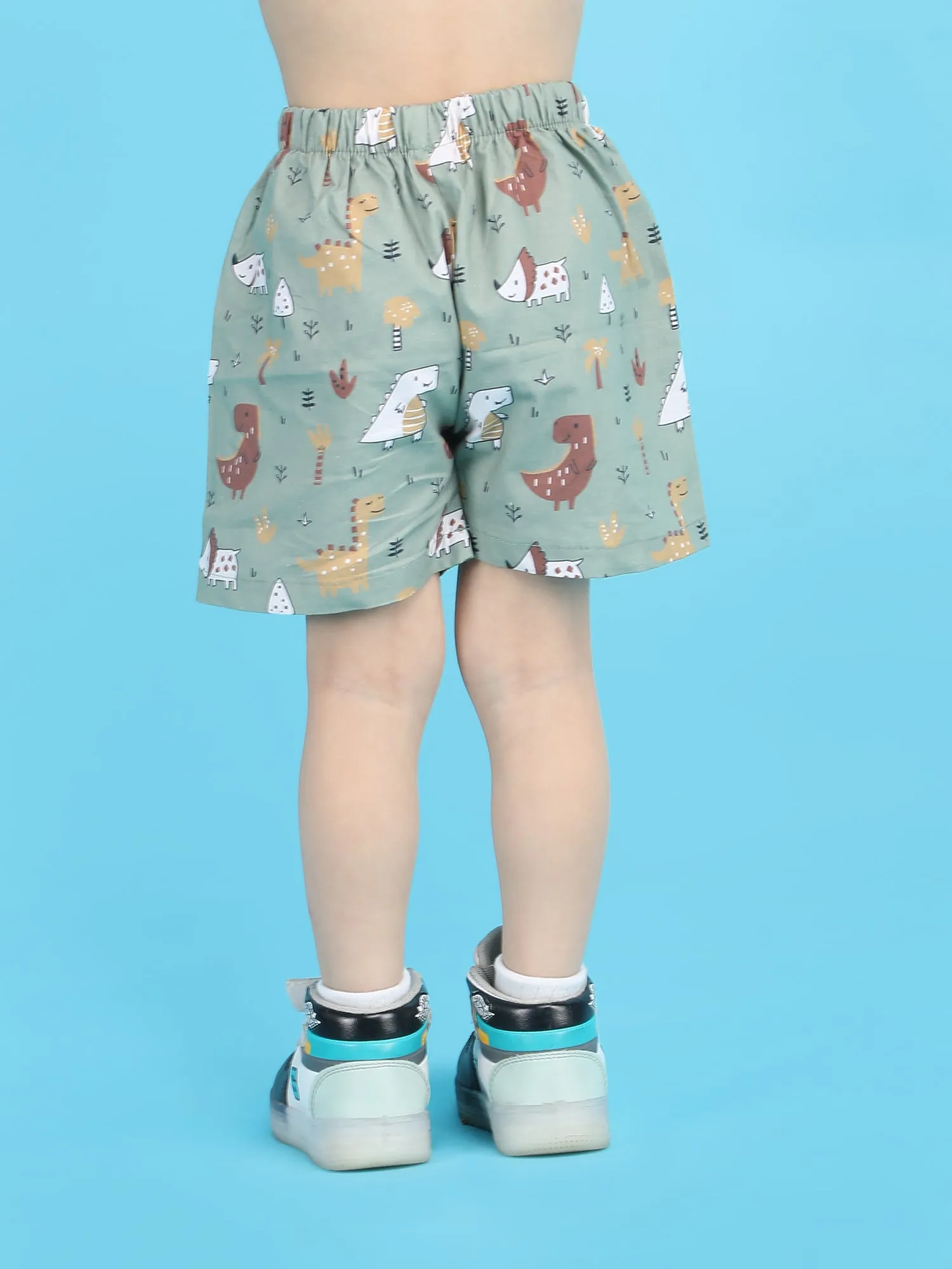 Polka Tots Half Sleeves Dinosaur print Shirt Shorts - Green