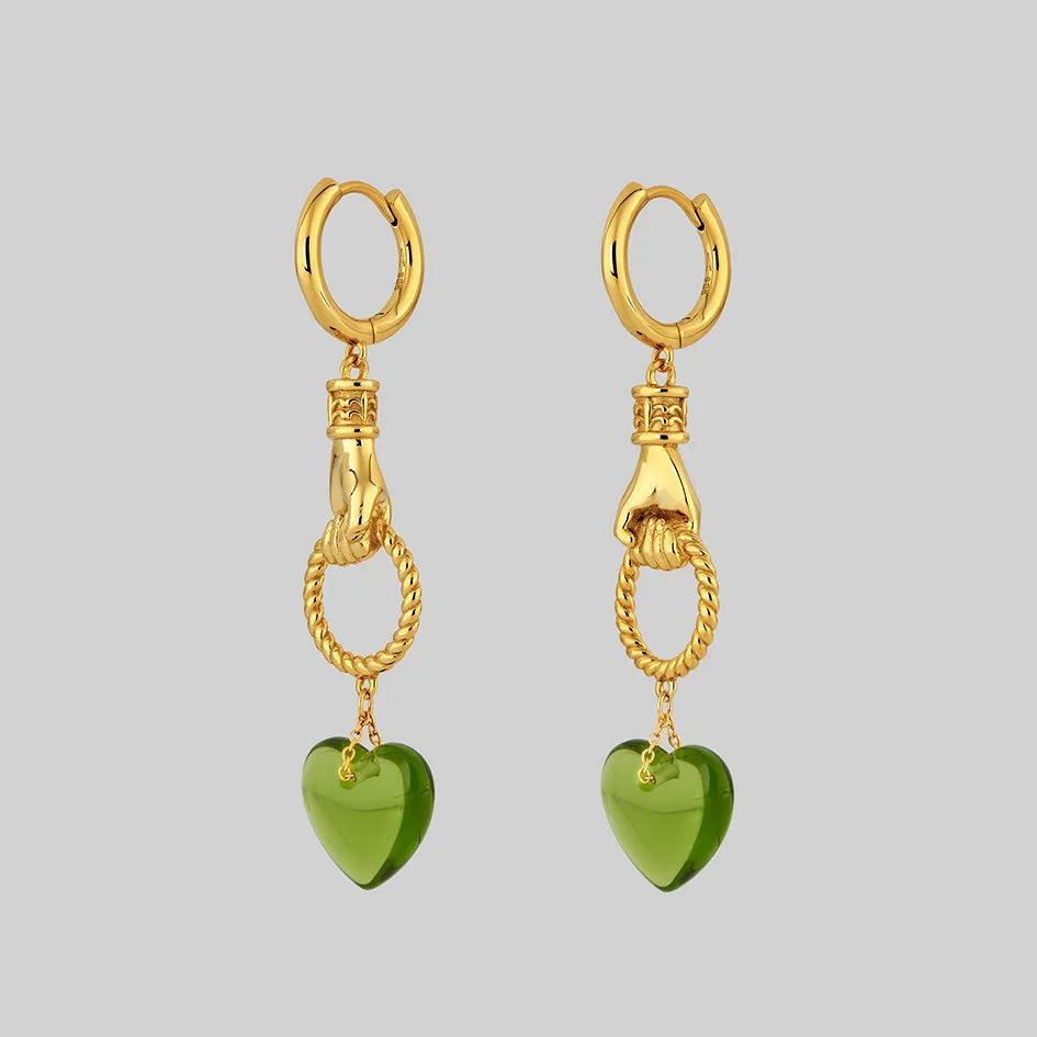 UNITE. Hand Grasping Green Glass Heart Earrings - Gold