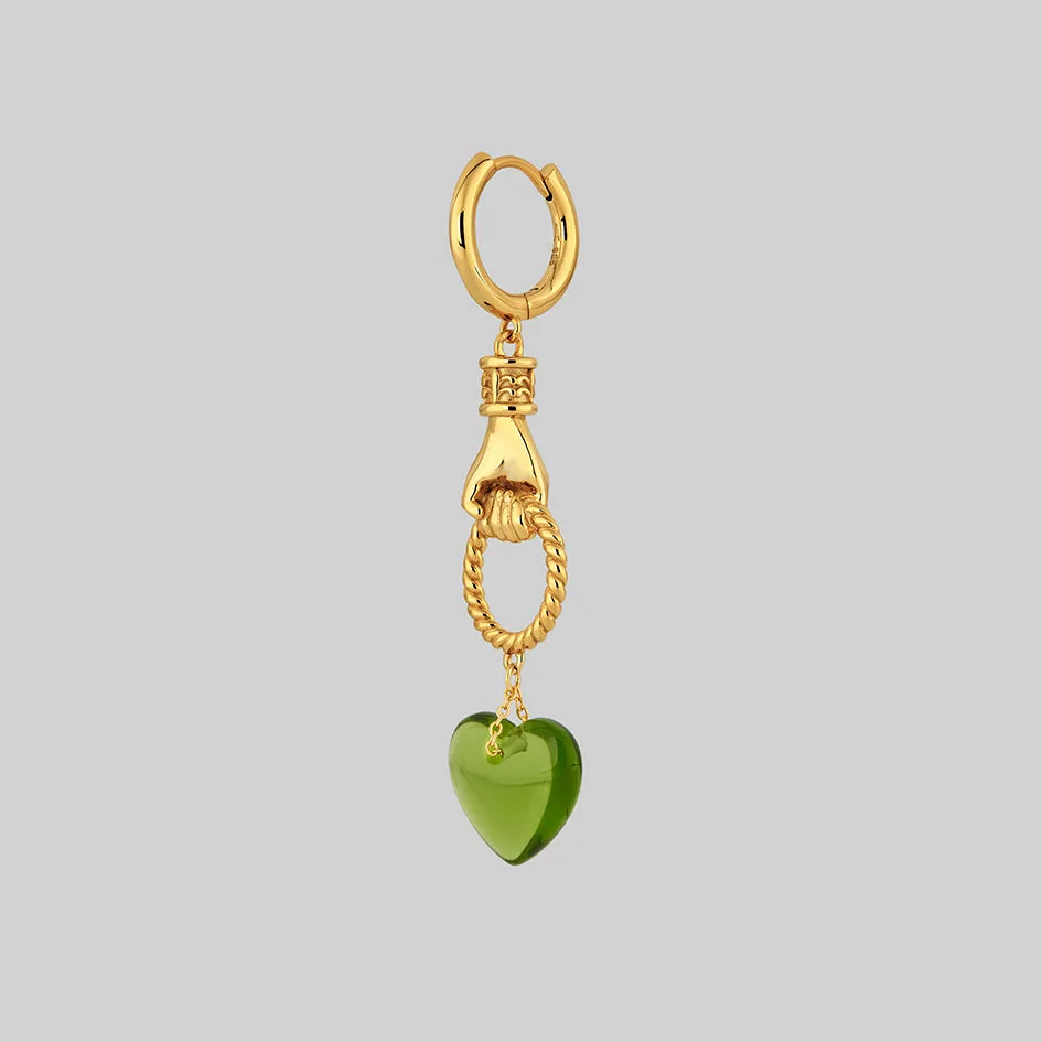 UNITE. Hand Grasping Green Glass Heart Earrings - Gold