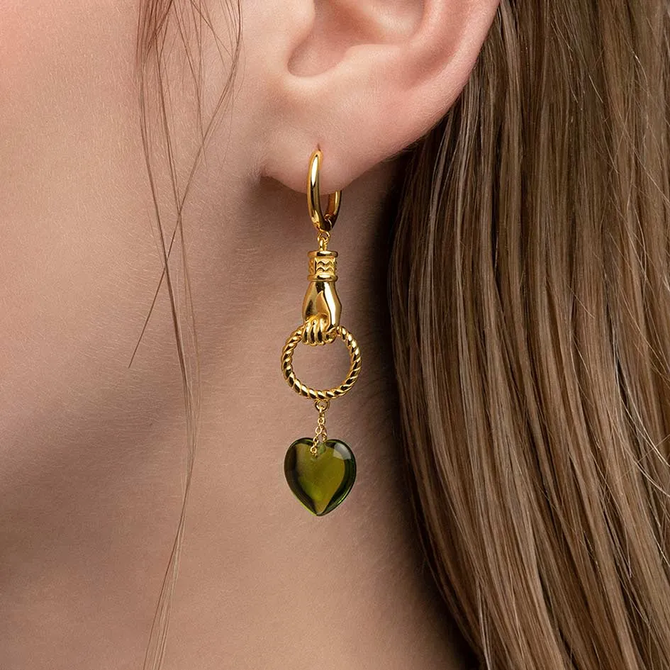 UNITE. Hand Grasping Green Glass Heart Earrings - Gold