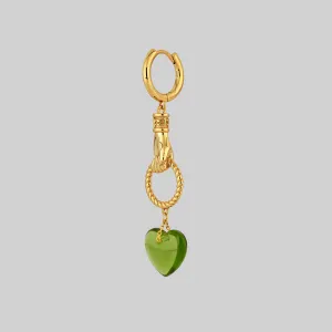 UNITE. Hand Grasping Green Glass Heart Earrings - Gold